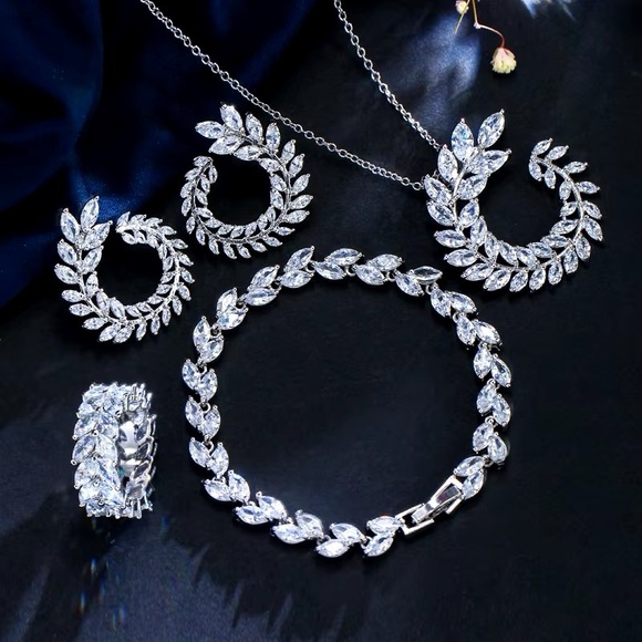4 Pcs Set 925 Sterling Silver Cubic Zirconia Necklace, Earrings, Bracelet, Ring - Picture 6 of 10